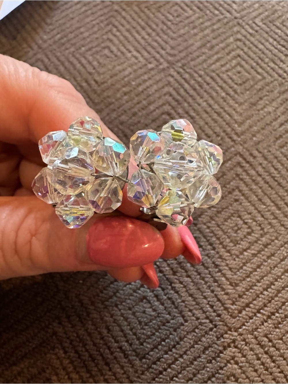 Aurora Borealis Iridescent Crystal Cluster Flower Clip-On Earrings